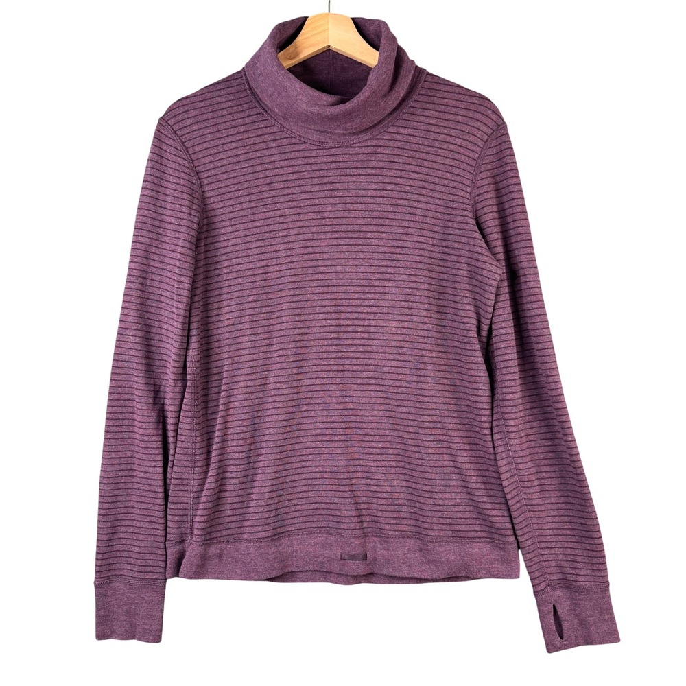 Lululemon Rest Less Pullover Purple Striped Cowl Neck Long Sleeve Thumbholes 6